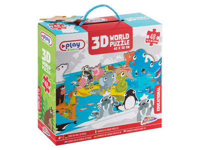 Puslespil - Verden med dyr, 48 brikker + 20 stk 3D dyrefigurer